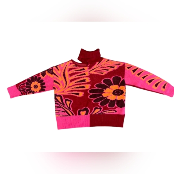 Farm Rio Cutout Intarsia Knit EUC Floral Turtle Neck Pink/Orange/Red Size XS - Picture 6 of 12